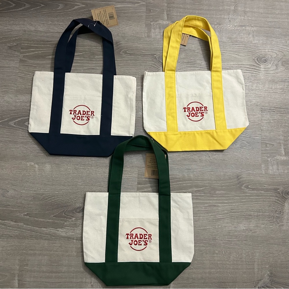 New Trader Joe’s set of 3 Mini Canvas Tote Bag blue green yellow